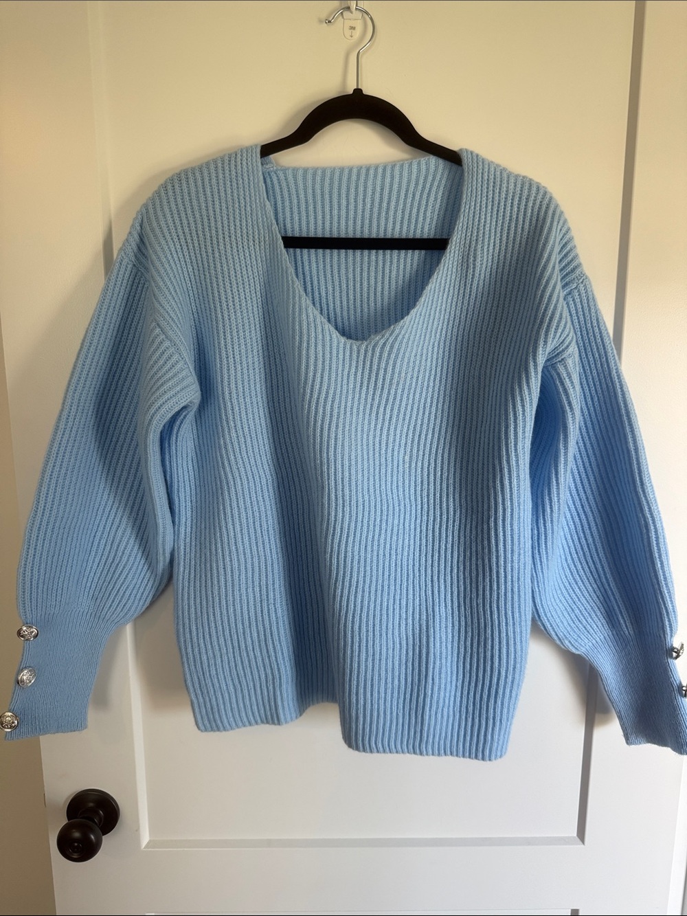Light Blue V-Neck Ribbed Sweater